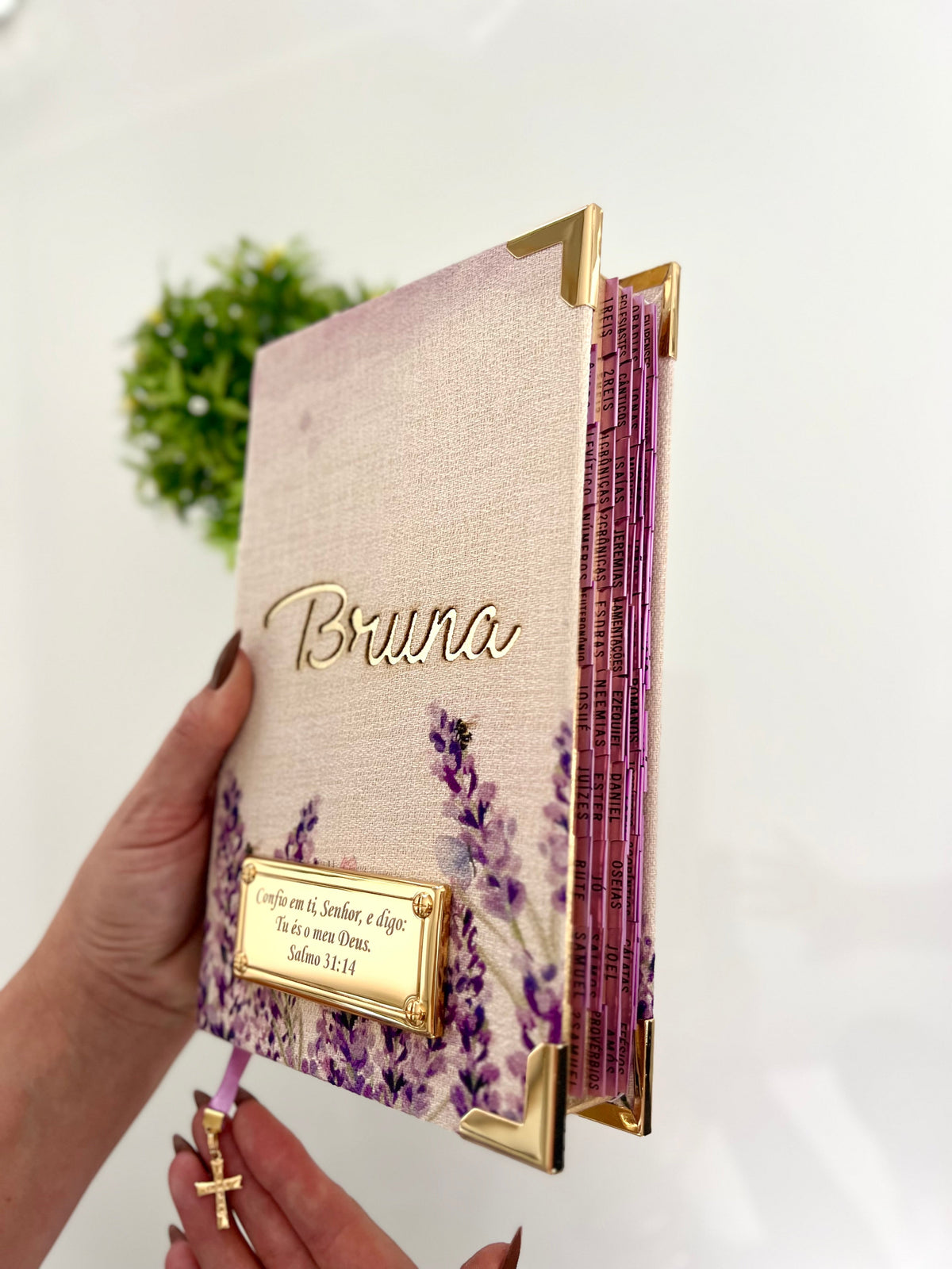 Combo Bíblia Linho Lavandas + placa grande + cartela de índice