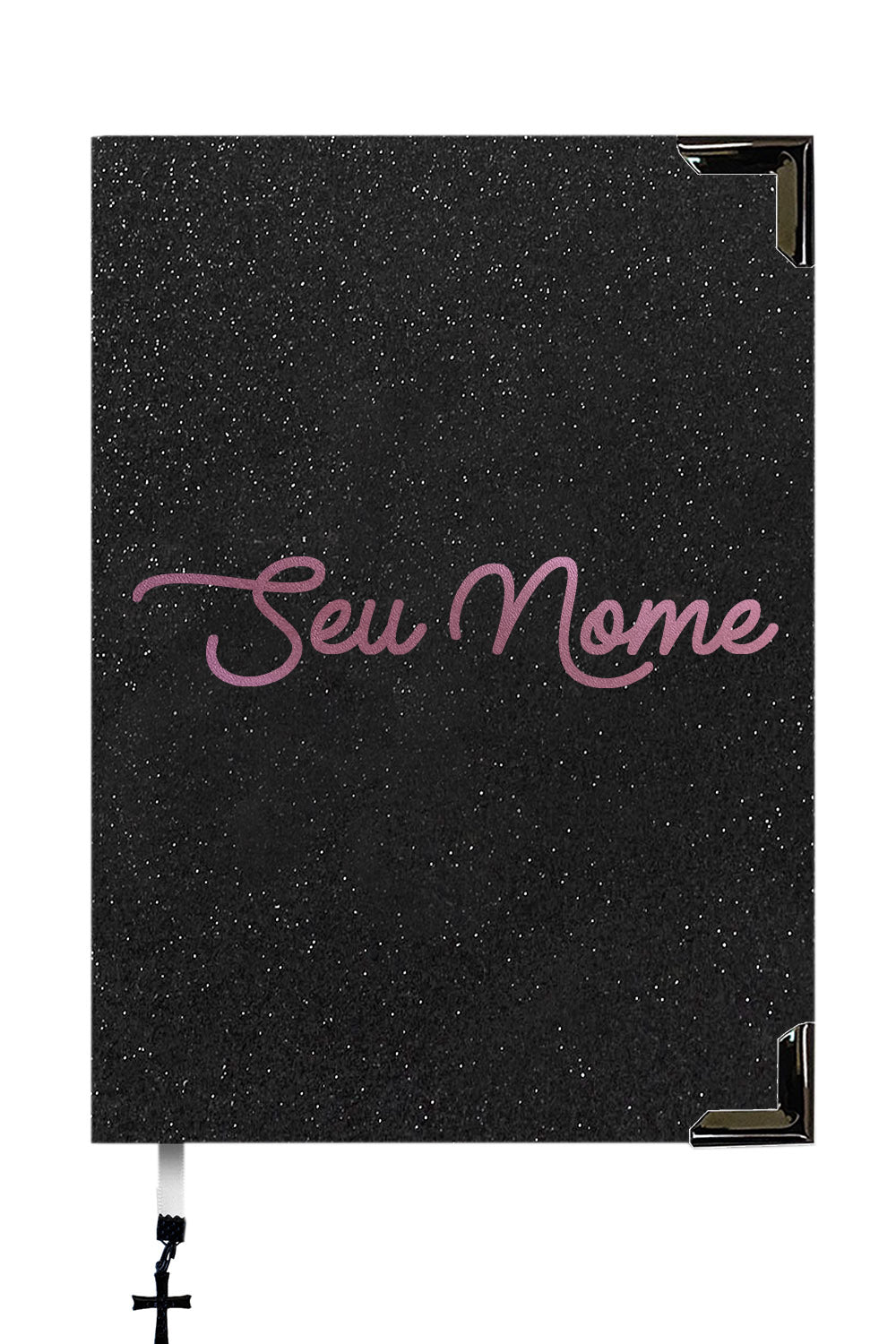 Bíblia Glitter Mar Negro com Nome personalizado em Rosa
